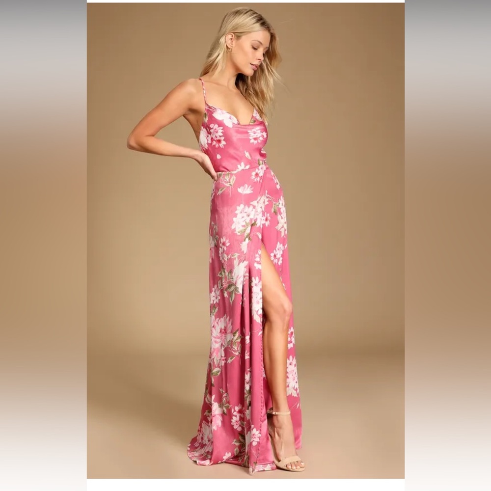 Lulus Pink Floral Print Satin Cowl Neck Maxi Dress- NEW SIZE LARGE -